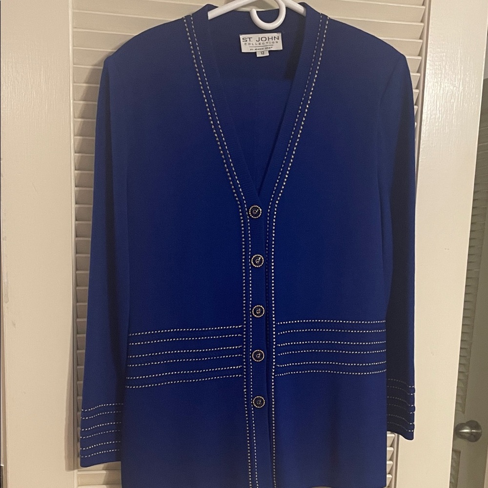 St. John Royal Blue Knit Pant Suit with Gold Buttons and stitching
